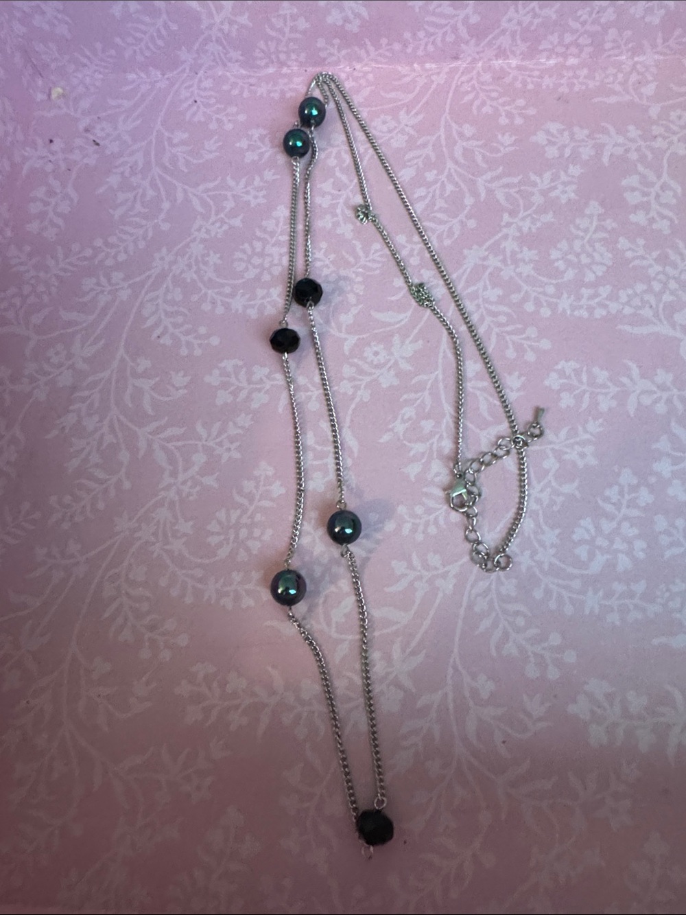 Vintage Silver Tone Necklace With Black Pearl And Iridescent Beads Long